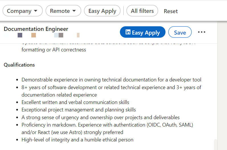 LinkedIn Job Listing showing qualifications