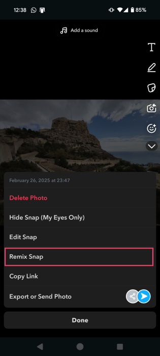 Tapping on "Remix Snap" option in Snapchat app. 
