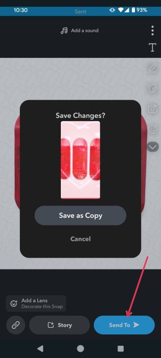 Pressing "Send To" button in Snapchat app to send live snap.