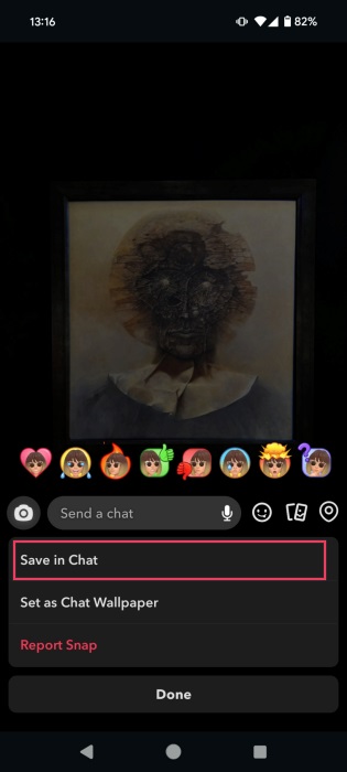 Selecting "Save in chat" option for live snap on Snapchat.