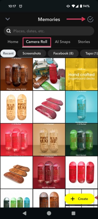 Switching to "Camera Roll" tab in Snapchat app. 