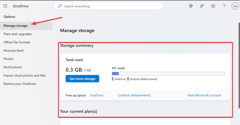 Manage Storage Onedrive Settings