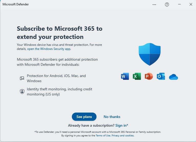 Microsoft Defender subscription prompt.