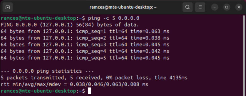 A terminal showing the 0.0.0.0 resolving to a loopback address.
