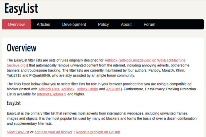 A screenshot showing the EasyList webpage information.