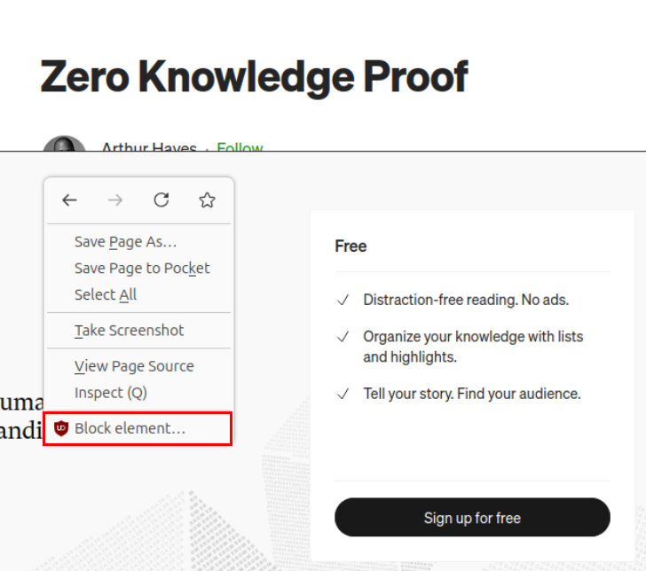A screenshot highlighting the Element Blocker feature in uBlock Origin.