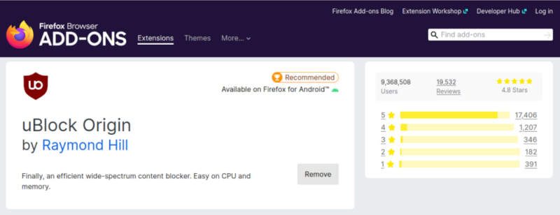 A screenshot showing the Firefox Addons page for uBlock Origin.