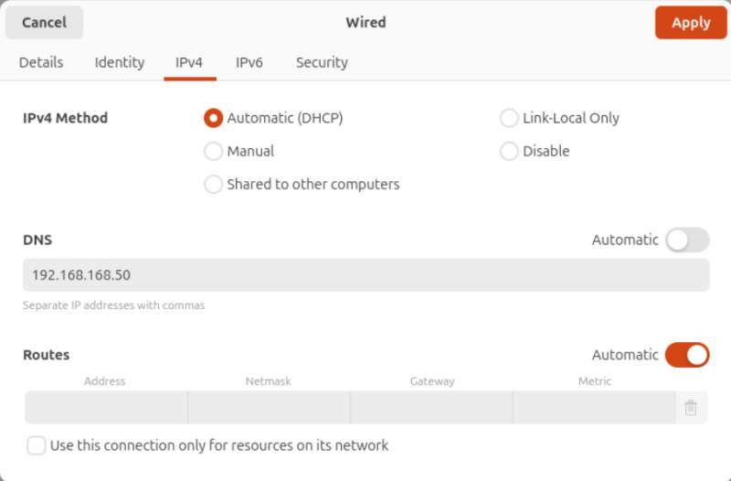 A screenshot showing the DNS settings for Ubuntu Linux.