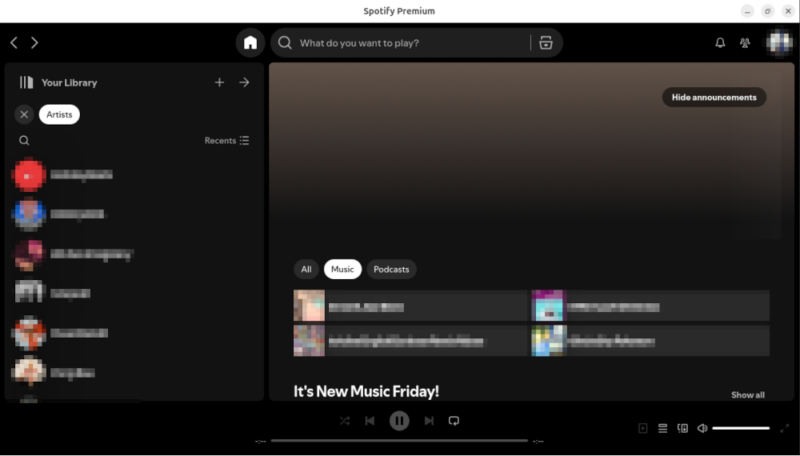 A screenshot showing the Spotify Electron app running on Ubuntu Linux.