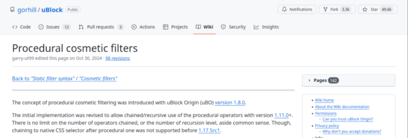 A screenshot showing the procedural filter in uBlock Origin.