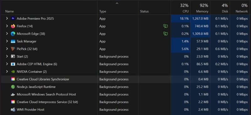 CPU, memory, and Disk used by Adobe Premiere Pro on my laptop.
