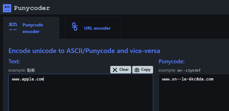 Punycoder showing punycode