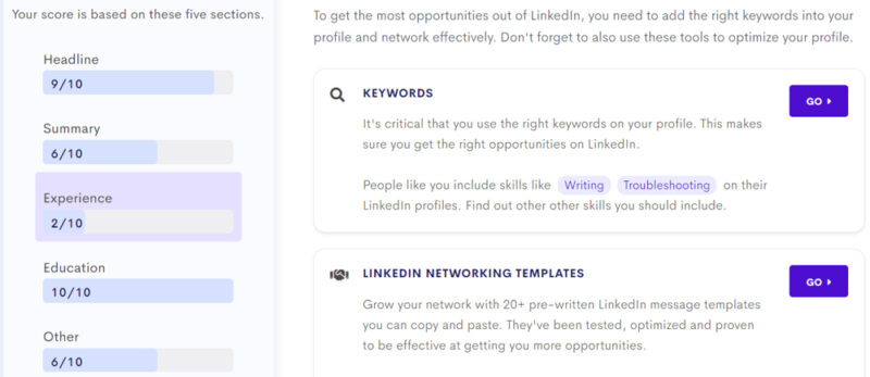 Resume Worded Linkedin Review results