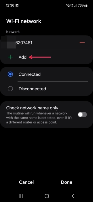 Adding Wi-Fi network to new Samsung Bixby routine. 