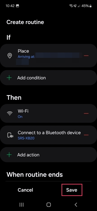 Pressing Save to create new Samsung Bixby Routine. 