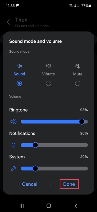 Adjusting sound profile preferences for implementing in new Samsung Bixby Routine. 