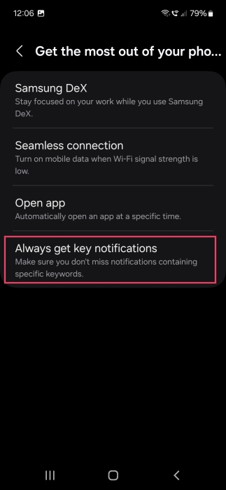 Selecting "Always get key notifications" option in Samsung Routines. 