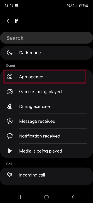 Selecting "App opened" for If clause when creating new Samsung Bixby Routine. 