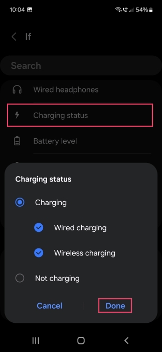 Selecting "Charging status" for If condition when creating new Samsung Bixby Routine. 