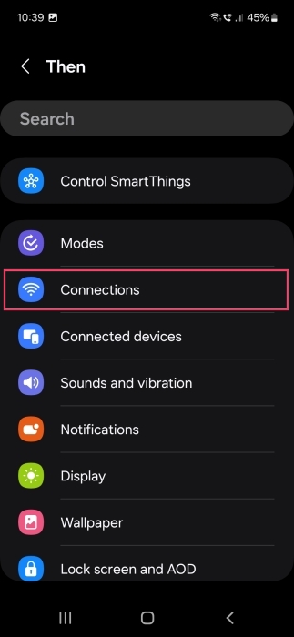 Selecting Connections for Then clause for new Samsung Bixby Routine. 