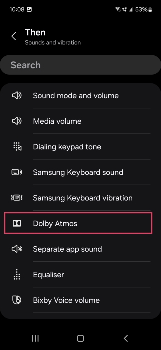 Selecting "Dolby Atmos" option when creating new Samsung Bixby Routine.  