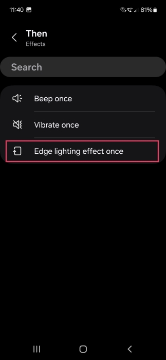 Tapping on "Edge lighting effect once" for Then clause while creating new Samsung Bixby Routine. 