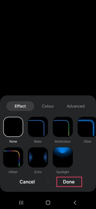 Selecting effect when creating new Samsung Bixby Routine. 
