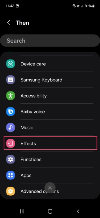 Selecting "Effects" for Then clause while creating new Samsung Bixby Routine. 