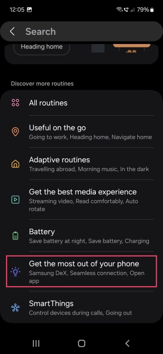 Opting for "Get the most out of your phone" in Samsung Routines on Galaxy phone. 