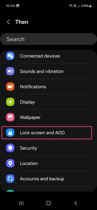Navigating to "Lock screen and AOD" for Then condition when creating new Samsung Bixby Routine.
