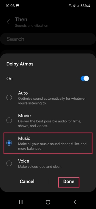 Setting Dolby Atmos option to Music in new Samsung Bixby Routine.  