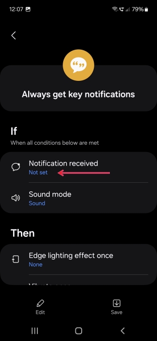 Tapping on "Notification received" option for If condition while editing preset Bixby Routine. 