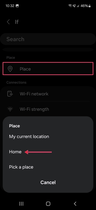 Selecting Location option for trigger for new Samsung Bixby Routine. 