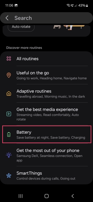 Pressing on Battery option in preset Bixby Routine options on Samsung Galaxy phone. 
