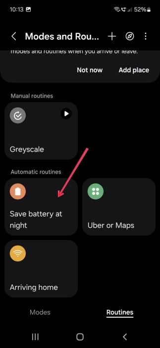 Selecting Routine in Samsung's "Modes and Routines" page. 