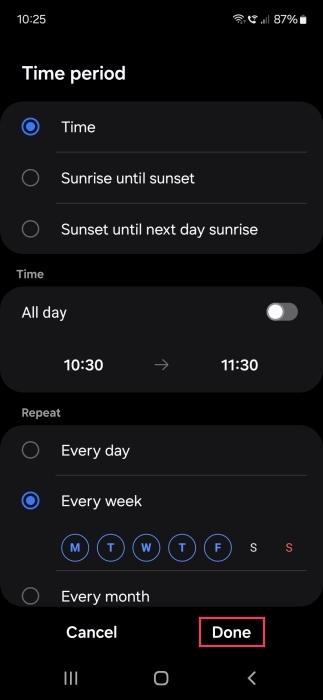 Setting schedule for Samsung Bixby Routine. 