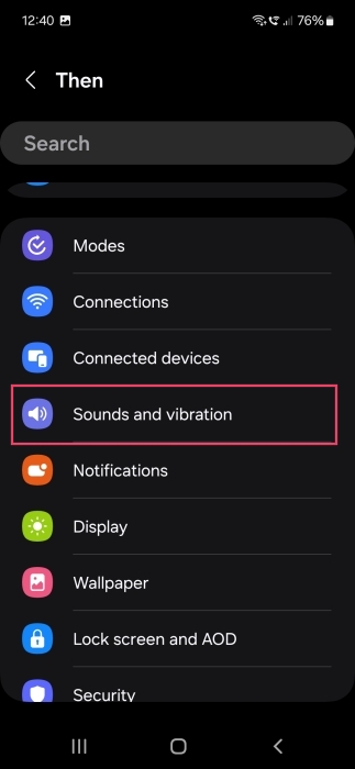 Selecting "Sounds and vibration" for Then condition when creating new Samsung Bixby Routine. 