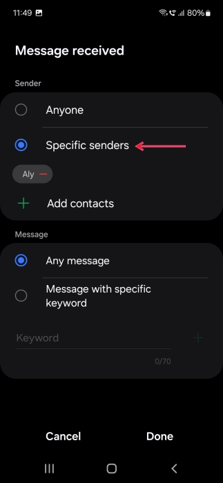 Adding "Specific senders" option in "Message received" section for new Samsung Bixby Routine. 
