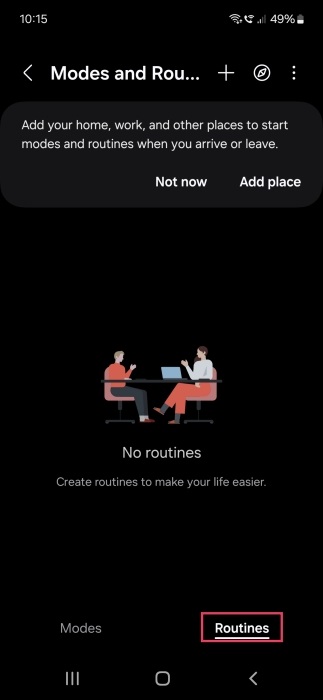 Switching to Routines tab in Modes and Routines on Samsung Galaxy phone. 
