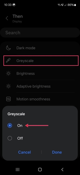 Setting Grayscale condition for Then parameter when creating new Samsung Bixby routine. 