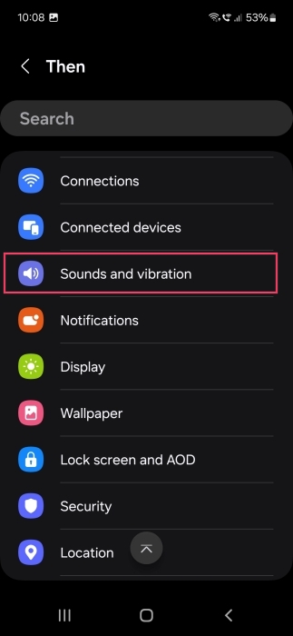 Selecting "Sound and vibration" option for Then condition when creating new Samsung Bixby Routine. 