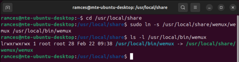 A screenshot showing the creation of a symbolic link for Wemux.