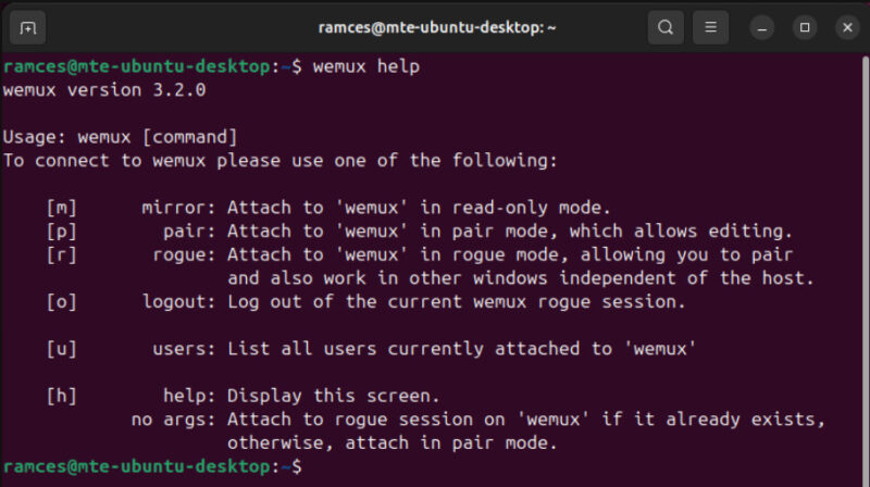 A screenshot showing the default help screen for Wemux.