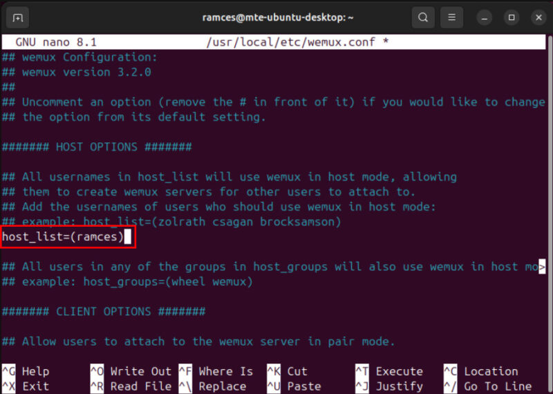 A terminal highlighting the host_list variable on the Wemux config file.