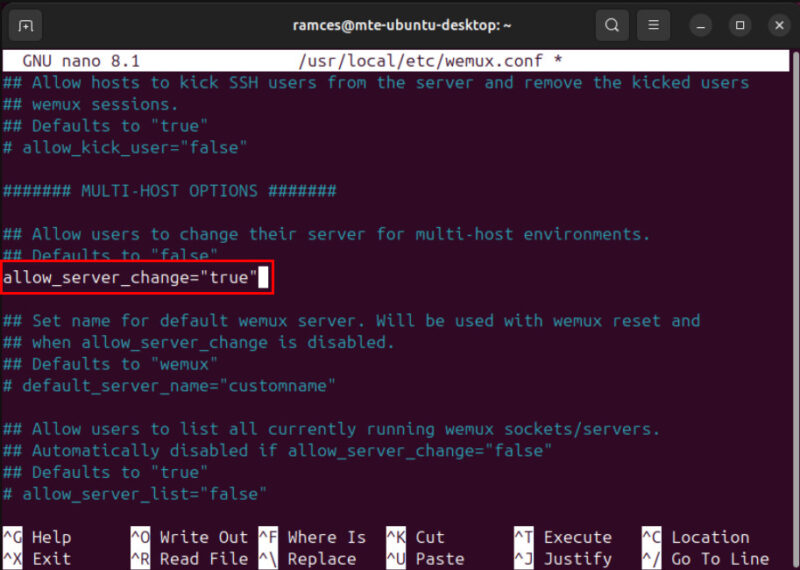 A screenshot highlighting the allow_server_change variable on the Wemux config file.