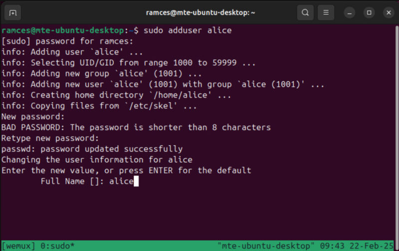 A terminal showing the process of creating a new guest user for Wemux.