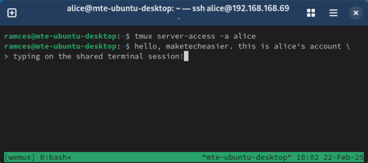 A terminal showing the guest user having editing privileges on the shared Tmux session.