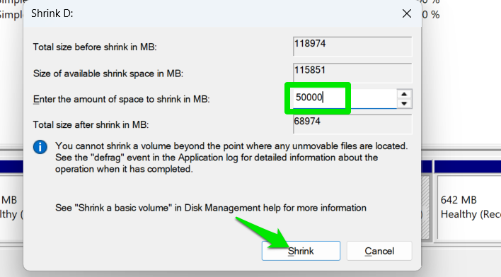 Shrinking volume in Windows disk management