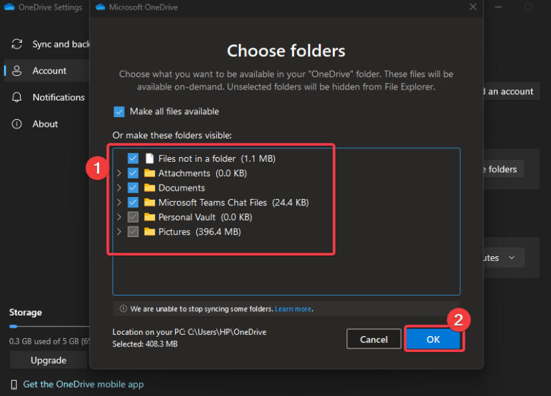 Uncheck Folders Onedrive Sync