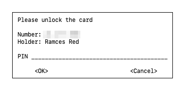 A terminal showing the PIN entry prompt for the Yubikey in GPG.